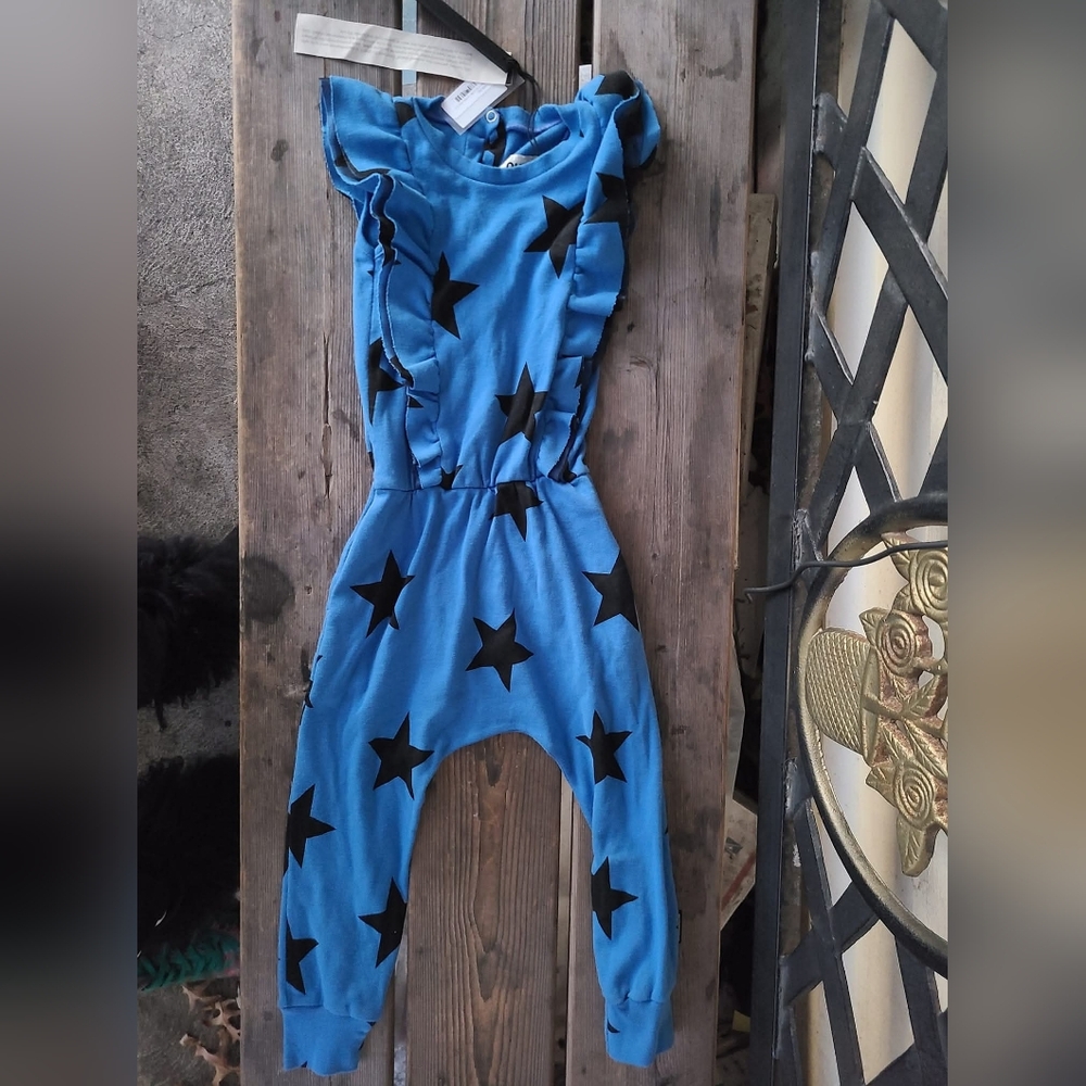 NUNUNU SZ 3-4Y NWT BLUE BLACK star elastic waist 1 piece sleeveless jumper Rompe